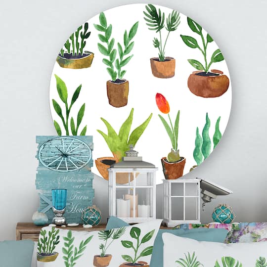 Designart - Eight Potted House Plants - Traditional Metal Circle Wall Art
